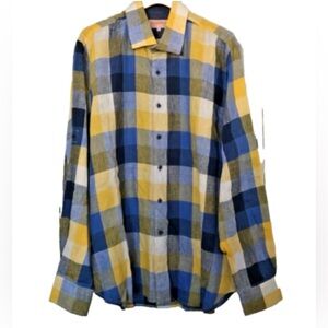 100% linen button up shirt men’s blue yellow white plaid Inserch large preppy